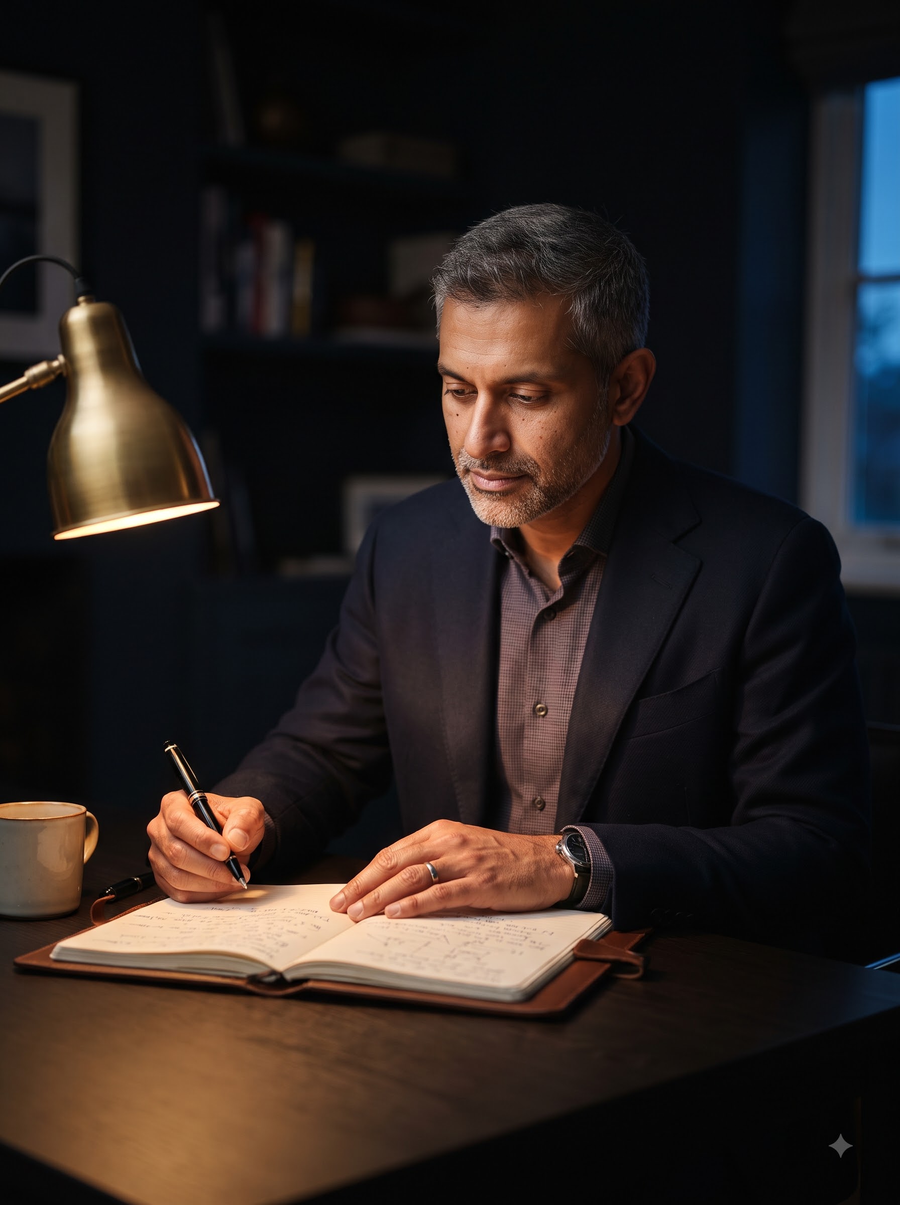 A leader reviewing notes early in the morning.